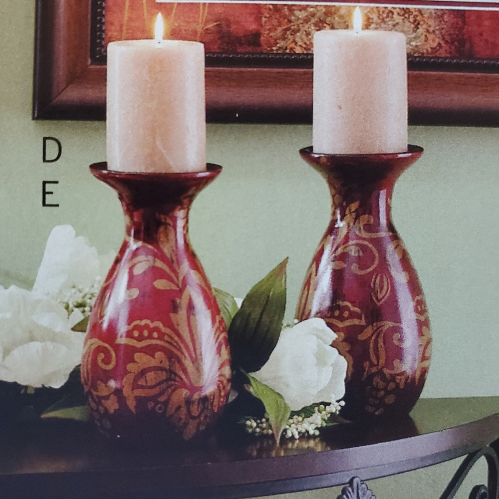 Ashville Candle Holders set of 2. Home Interiors New Damask print Rich Red color